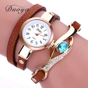Duoya Brand Watch Women Luxury Gold Eye Gemstone Dress Watches Women Gold Bracelet  Halloween Gift Leather Quartz Wristwatches