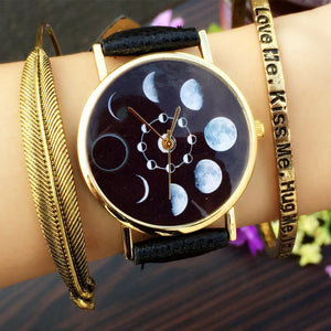 Solar Moon Phase Lunar Eclipse Watch Women Stylish Quartz Watch PU Leather Bracelet Watches For Women Clock hour