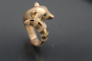 Exclusive Raccoon Ring, bronze . colored stone or diamonds eyes
