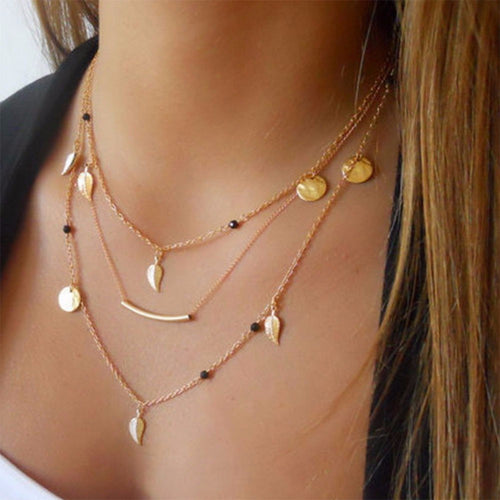 New gold silver chain beads leaves pendant necklace fashion jewelry multi layer necklaces for women Collier femme accessories