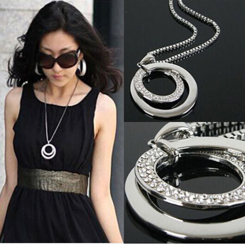 Long Chain Women Fashion Crystal Rhinestone Chunky  Silver Plated Double Circle Pendant Necklace