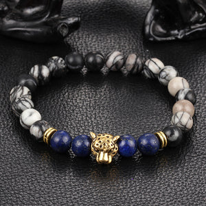 Wholesale Antique Silver Plated Buddha Leopard head Bracelet Lava Natural Stone Beaded Bracelets For Men Women Pulseras Hombre