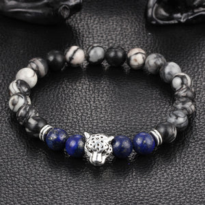 Wholesale Antique Silver Plated Buddha Leopard head Bracelet Lava Natural Stone Beaded Bracelets For Men Women Pulseras Hombre