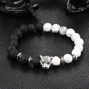 Wholesale Antique Silver Plated Buddha Leopard head Bracelet Lava Natural Stone Beaded Bracelets For Men Women Pulseras Hombre