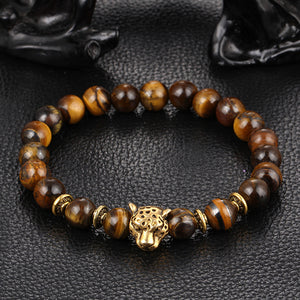 Wholesale Antique Silver Plated Buddha Leopard head Bracelet Lava Natural Stone Beaded Bracelets For Men Women Pulseras Hombre