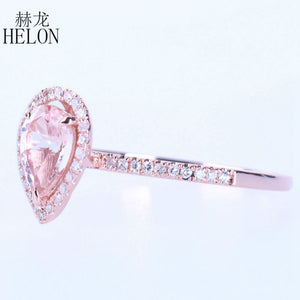 HELON Solid 10K Rose Gold 7x5mm Pear Prong Sharp claws 0.514ct Pink Morganite 0.2ct Diamond Engagement Wedding Fine Jewelry Ring