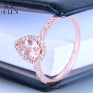HELON Solid 10K Rose Gold 7x5mm Pear Prong Sharp claws 0.514ct Pink Morganite 0.2ct Diamond Engagement Wedding Fine Jewelry Ring