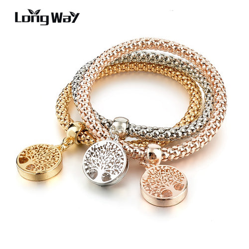 LongWay Vintage Designer Austrian Rhinestones Gold Color Tree of Life Charm Bracelets Popcorn Chain Jewelry For Women SBR160104