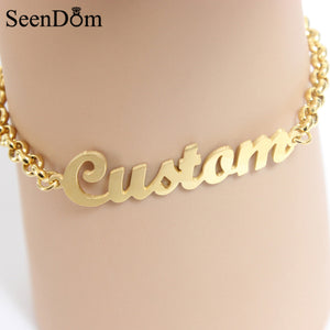 SeenDom Stainless Steel Custom Personalized Name Bracelet Gold Color Customized Handwriting Nameplate Bracelet (Max 7 Letters)