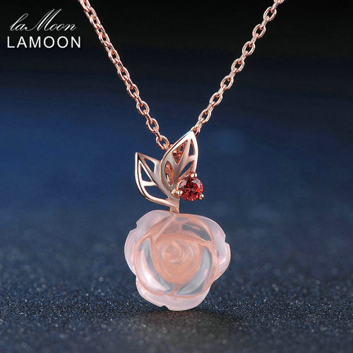 LAMOON Rose Flower 9mm 100% Natural Gemstone Rose Quartz Chain Necklace 925 Sterling Silver Jewelry Rose Gold Plated LMNI025