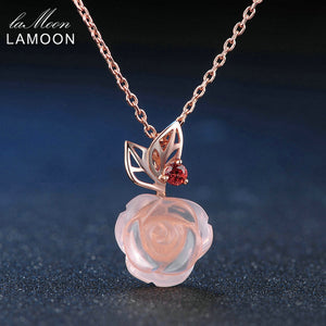 LAMOON Rose Flower 9mm 100% Natural Gemstone Rose Quartz Chain Necklace 925 Sterling Silver Jewelry Rose Gold Plated LMNI025