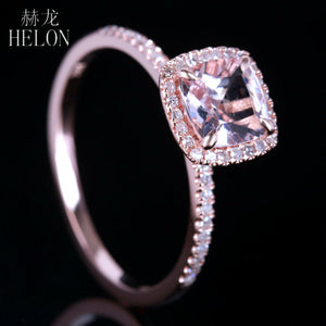 HELON Claw Prongs 6X6mm Cushion Pink morganite engagement ring Solid 10K Rose Gold Wedding Pave Natural Diamonds Ring Jewelry