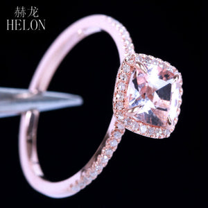 HELON Claw Prongs 6X6mm Cushion Pink morganite engagement ring Solid 10K Rose Gold Wedding Pave Natural Diamonds Ring Jewelry
