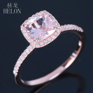 HELON Claw Prongs 6X6mm Cushion Pink morganite engagement ring Solid 10K Rose Gold Wedding Pave Natural Diamonds Ring Jewelry