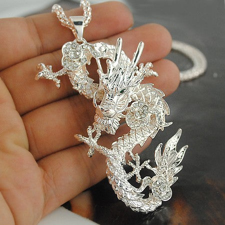 Popular Big Promotion Fashion Women Silver Gold Chinese Style Dragon Pendant Long Sweater Necklace