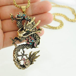 Popular Big Promotion Fashion Women Silver Gold Chinese Style Dragon Pendant Long Sweater Necklace