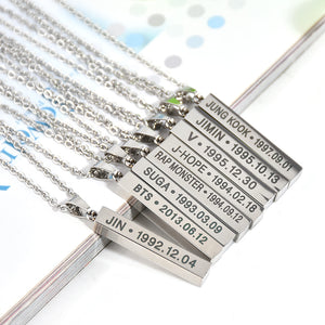 Hot BTS Members Name Date Cuboid Bar Pendant Necklace Fashion Jewelry Silver Titanium Chain Necklaces & Pendants for Fans
