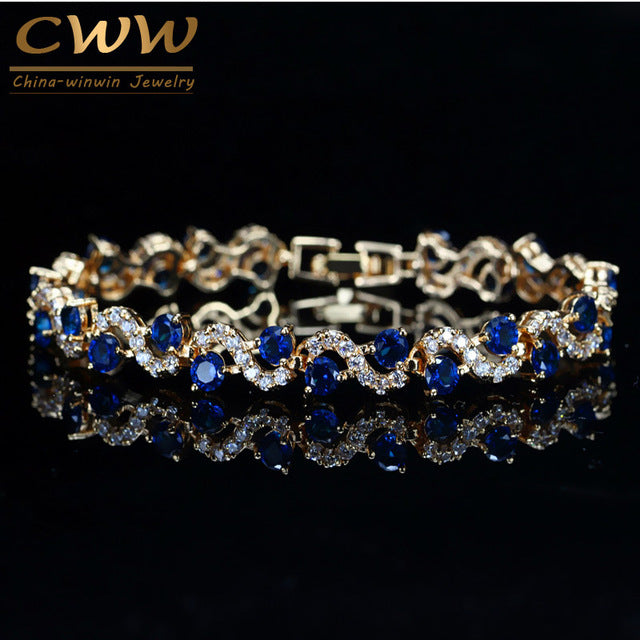 CWWZircons Design Trendy Gold Color White Cubic Zirconia Stone And Dark Blue Crystal Bracelet For Women Jewelry Gift CB193