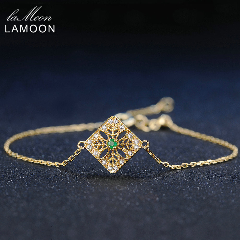 LAMOON 2mm 0.06ct 100% Natural Emerald 925 Sterling Silver Jewelry 14K Yellow Gold Plated Chain Charm Bracelet S925 LMHI003