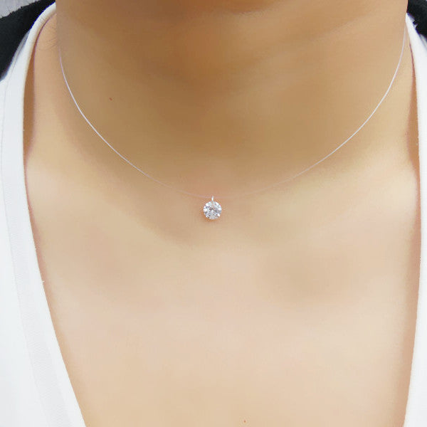 925 Silver Transparent Fishing Line Necklace Clear Zircon Pendant Sparkling Choker Necklace