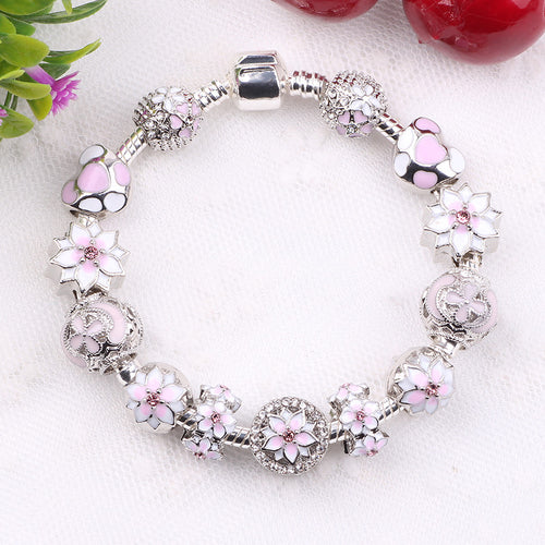 Couqcy Zircon Pendant Bracelets Pink Flower Bead Lock Charms Romantic Gift Fit Original Bracelets For Women Bracelets & Bangles