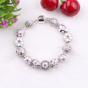 Couqcy Zircon Pendant Bracelets Pink Flower Bead Lock Charms Romantic Gift Fit Original Bracelets For Women Bracelets & Bangles