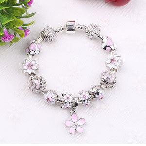 Couqcy Zircon Pendant Bracelets Pink Flower Bead Lock Charms Romantic Gift Fit Original Bracelets For Women Bracelets & Bangles