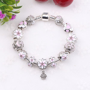 Couqcy Zircon Pendant Bracelets Pink Flower Bead Lock Charms Romantic Gift Fit Original Bracelets For Women Bracelets & Bangles