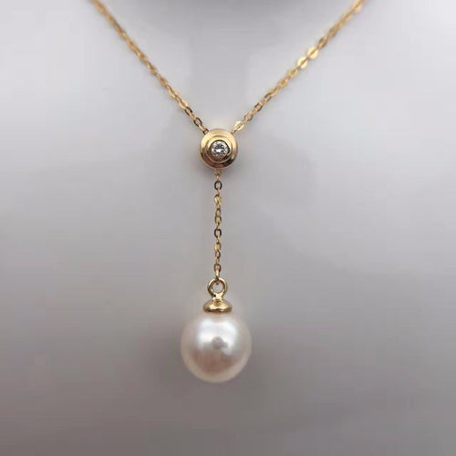 Sinya 18k Au750 gold necklace inlay 0.023ct real Diamond with 9mm natural pearls Y style necklace