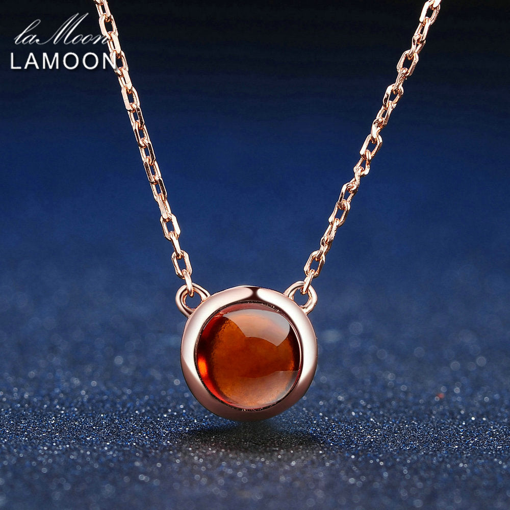 LAMOON 6mm 1.2ct 100% Natural Round Orange Red Garnet 925 Sterling Silver Jewelry  Chain Pendant Necklace S925 LMNI026