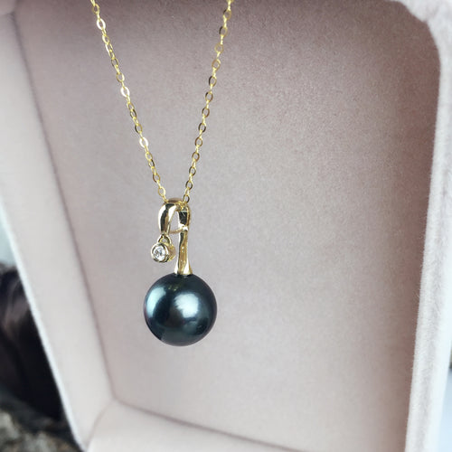 AINUOSHI 18K Yellow Gold Natural Tahiti Black Pearls Pendant Necklace SI1-G/H Diamond Women Wedding Engagement Link Chain 9-10mm