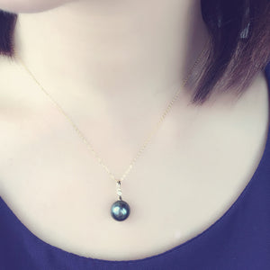 AINUOSHI 18K Yellow Gold Natural Tahiti Black Pearls Pendant Necklace SI1-G/H Diamond Women Wedding Engagement Link Chain 9-10mm