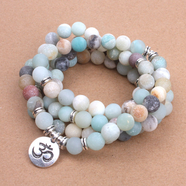 Fashion Women`s bracelet Matte Frosted Amazonite beads with Lotus OM Buddha Charm Yoga Bracelet 108 mala necklace dropshipping