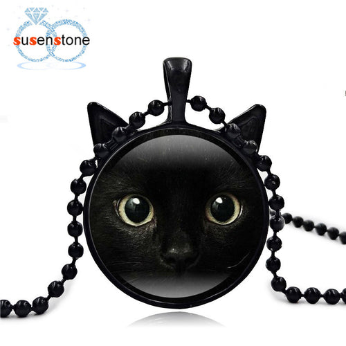 Halloween 2017 Vintage Enamel Cute painting Black Cat Necklace Pendant for pet lovers Glass Cabochon girl Gift Sweater Chains 40