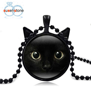 Halloween 2017 Vintage Enamel Cute painting Black Cat Necklace Pendant for pet lovers Glass Cabochon girl Gift Sweater Chains 40