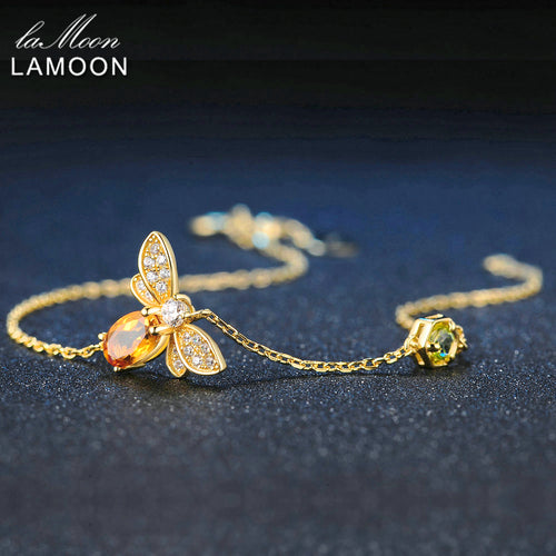 LAMOON Bee Peridot 5X7mm 100% Natural Oval Citrine 925 Sterling Silver Jewelry Rose Gold Chain Charm Bracelet S925 LMHI002