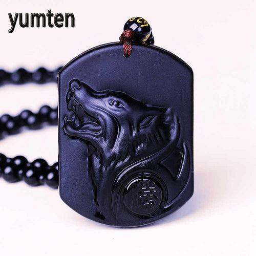 Obsidian wolf Head Necklace Pendant Black Obsidian Wolf Necklace Carving Wolf Head Amulet With Chain Luck Reiki Men Jewelry Jade