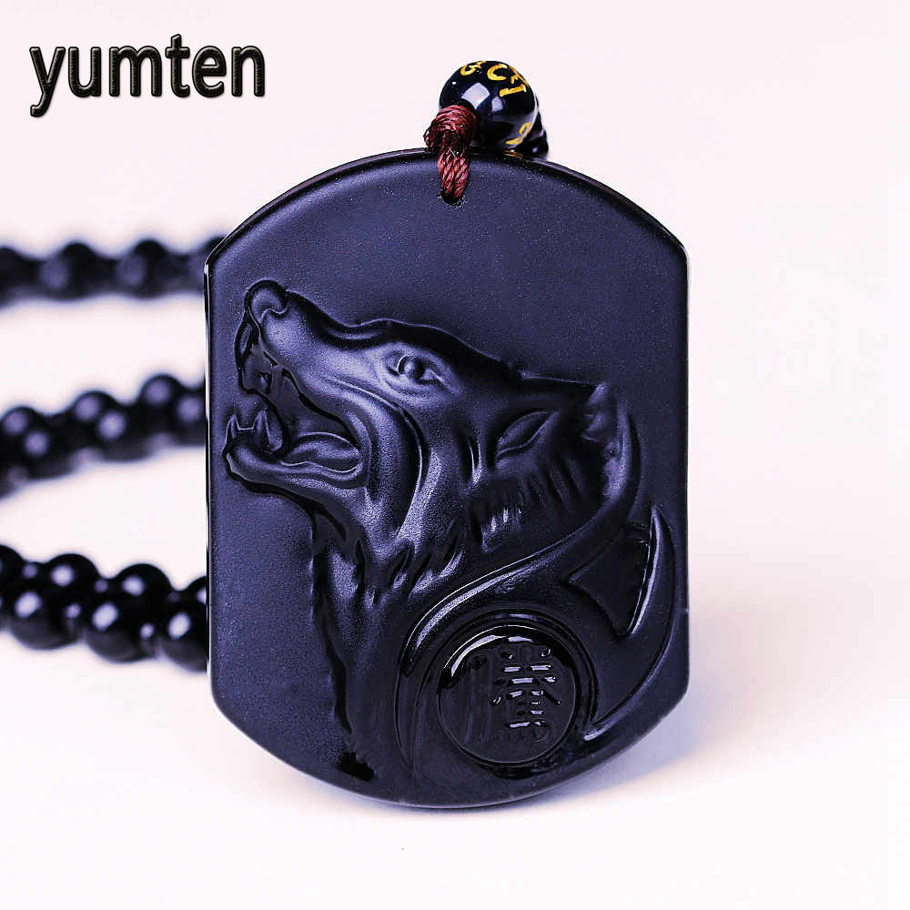 Obsidian wolf Head Necklace Pendant Black Obsidian Wolf Necklace Carving Wolf Head Amulet With Chain Luck Reiki Men Jewelry Jade