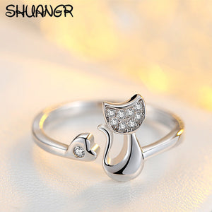 SHUANGR Charm Crystal Top Quality Cubic Zirconia Crystal Inlaid Cute Animal Cat Ring for Women/Girls