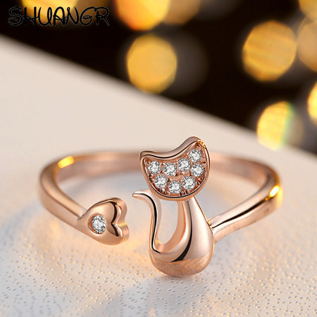 SHUANGR Charm Crystal Top Quality Cubic Zirconia Crystal Inlaid Cute Animal Cat Ring for Women/Girls