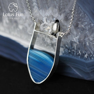 Lotus Fun Real 925 Sterling Silver Natural Agate Handmade Fine Jewelry Lovely Penguin Necklace with Pendant for Women Collier