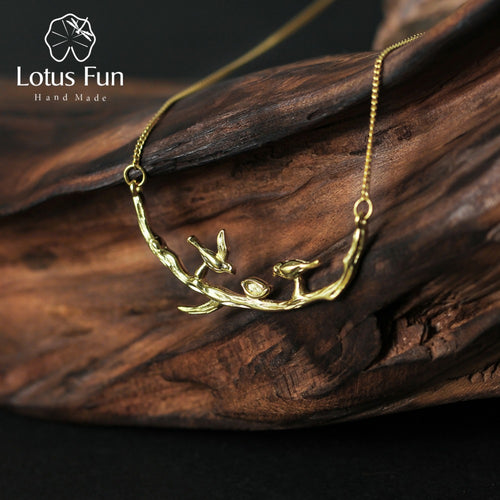 Lotus Fun Real 925 Sterling Silver Handmade Designer Fine Jewelry Cute Bird on Branches Necklace with Pendant for Women Collier