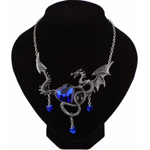 Vintage Fly Dragon Necklace Red Blue Crystal Heart Chokers Necklace & Pendant for Women Men Statement Collar Jewelry Bijoux Gift