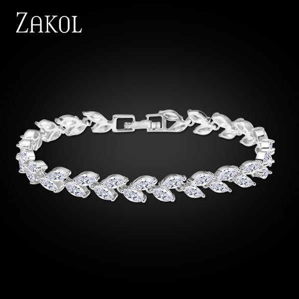 ZAKOL Trendy Bride Jewelry Sliver Color Leaf Charm Cubic Zirconia Bracelet & Bangles Clear CZ Crystal Bangles For Women FSBP061