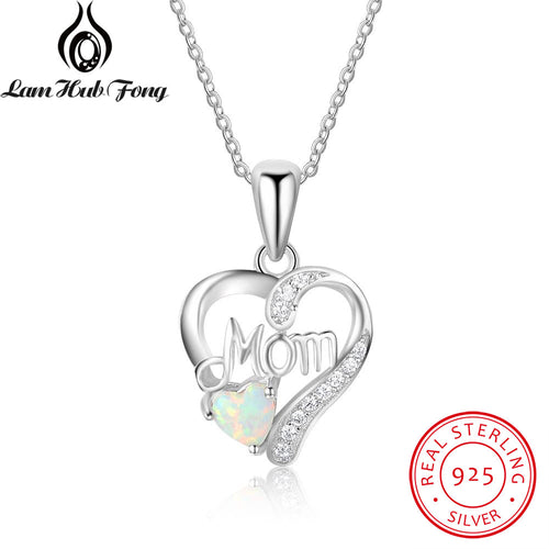 Genuine 925 Sterling Silver Women Necklaces Pendants With Heart Shape Opal Stone Best Jewelry Gift for Mom Mother (Lam Hub Fong)