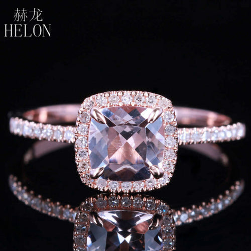 HELON Claw Prongs 6X6mm Cushion Pink morganite engagement ring Solid 10K Rose Gold Wedding Pave Natural Diamonds Ring Jewelry