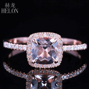 HELON Claw Prongs 6X6mm Cushion Pink morganite engagement ring Solid 10K Rose Gold Wedding Pave Natural Diamonds Ring Jewelry