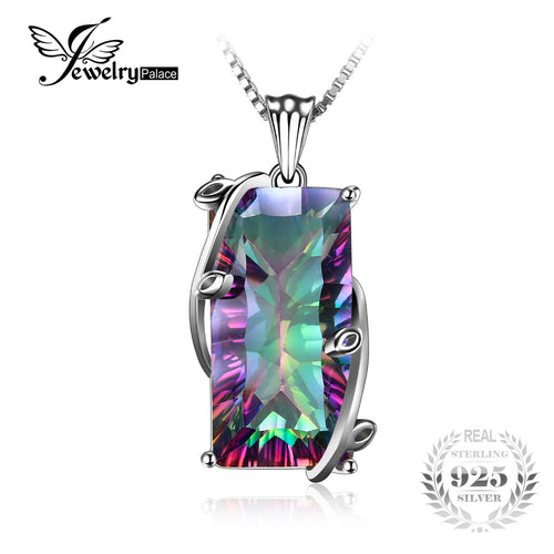 JewelryPalace 16ct Natural Fire Rainbow Mystic Topaz Necklace Charm Solid 925 Sterling Silver Vintage Fashion Women Jewelry