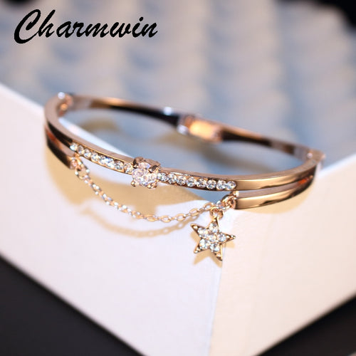 Charmwin Crystal Star Cuff Bangle Bracelet For Women Sweet Jewelry Luxury Brand Rose Gold Color Rhinestone Bracelets & Bangles