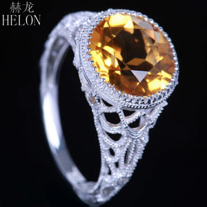 HELON Classical simple Vintage Art Deco 925 sterling silver 100% Genuine Citrine ring Engagement Wedding lady party jewelry Ring